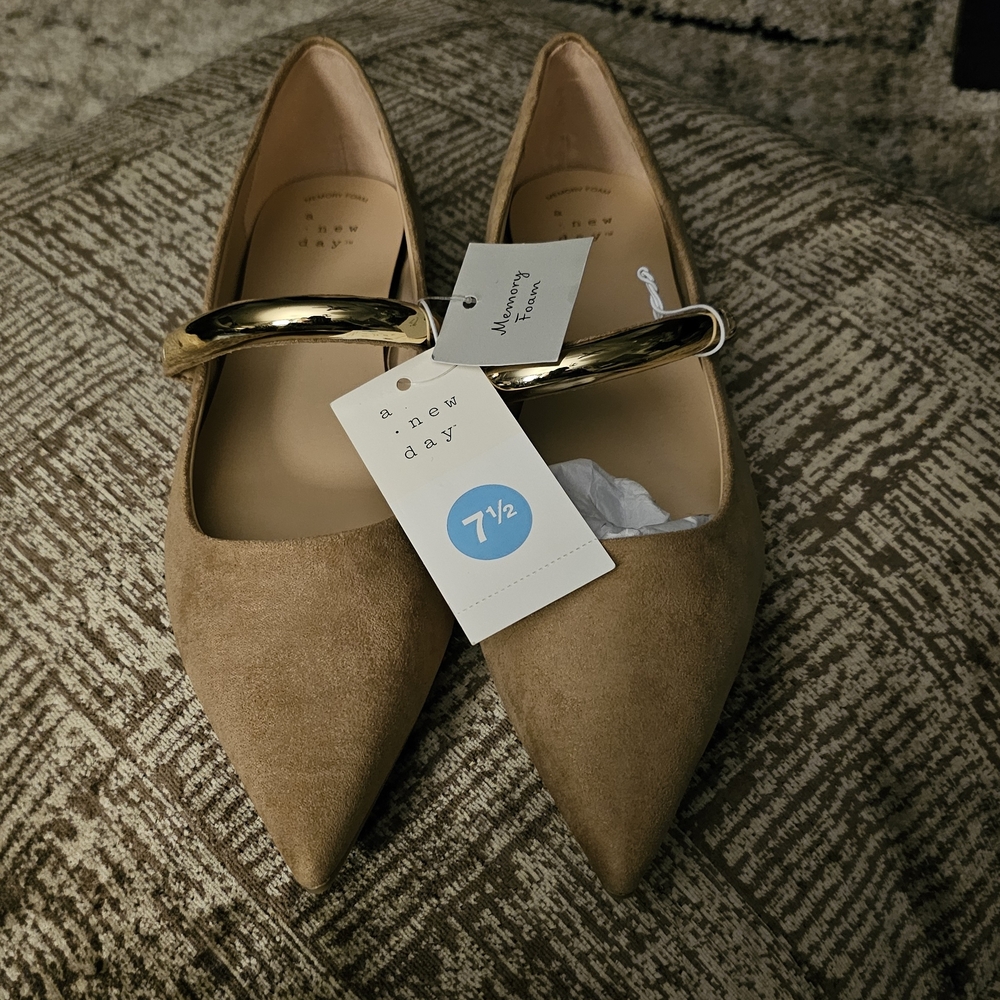 Women's Shoes By A New Day Tan Faux Suede Flats with Gold Detail